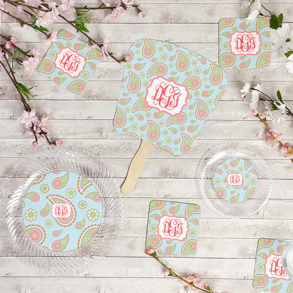 Blue Paisley Party Supplies Combination Image - All items - Plates, Coasters, Fans