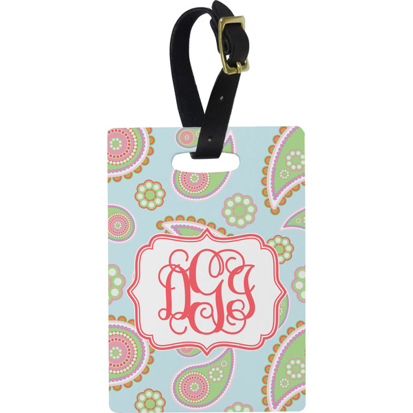 Custom Blue Paisley Plastic Luggage Tag - Rectangular w/ Monogram