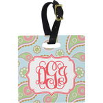 Blue Paisley Plastic Luggage Tag - Square w/ Monogram