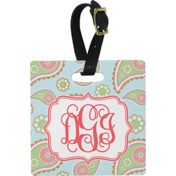 Blue Paisley Plastic Luggage Tag - Square w/ Monogram