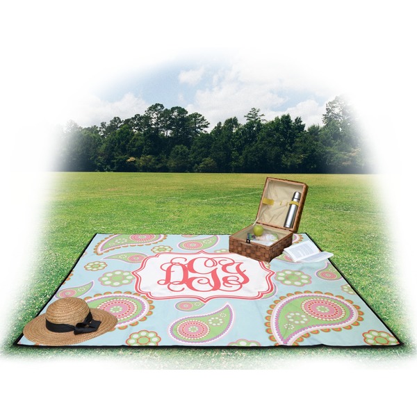 Blue Paisley Picnic Blanket - with Basket Hat and Book - in Use