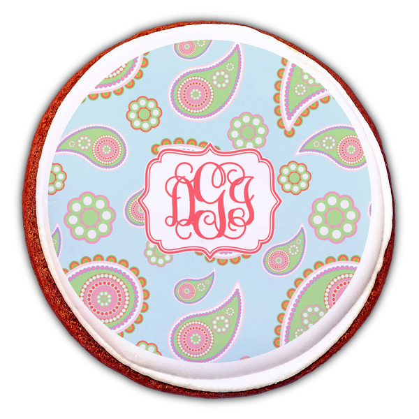 Blue Paisley Printed Icing Circle - Large - On Cookie