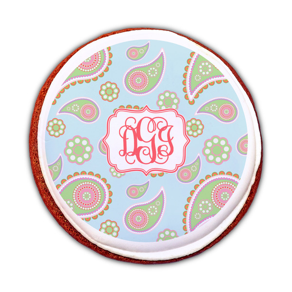 Blue Paisley Printed Icing Circle - Medium - On Cookie