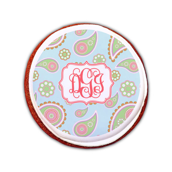 Blue Paisley Printed Icing Circle - Small - On Cookie