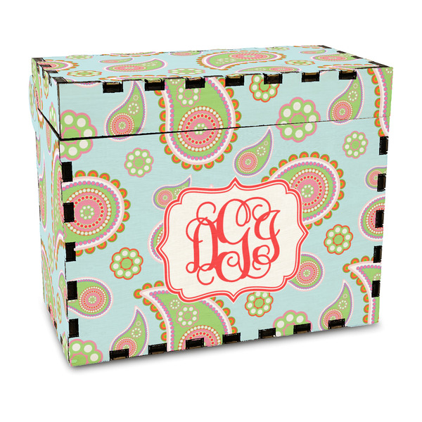 Custom Blue Paisley Wood Recipe Box - Full Color Print (Personalized)