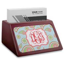 Blue Paisley Red Mahogany Business Card Holder (Personalized)