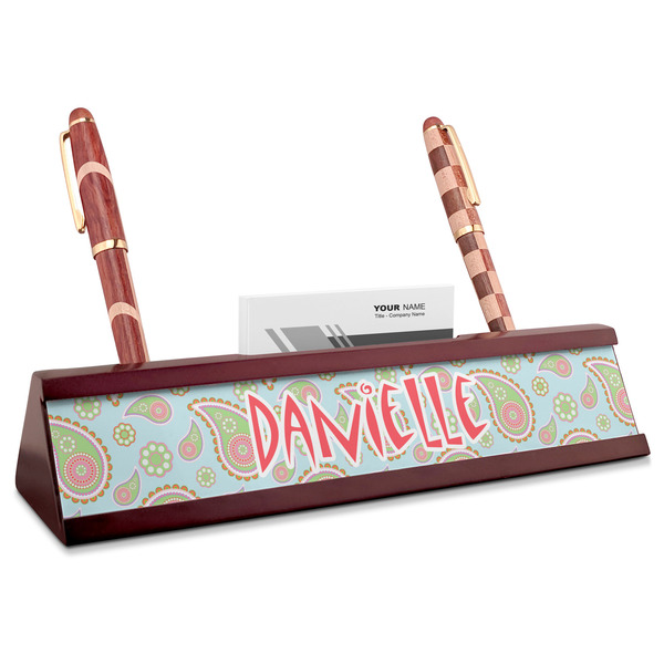 Custom Blue Paisley Red Mahogany Nameplate with Business Card Holder (Personalized)