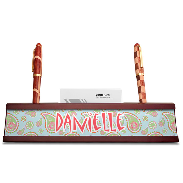 Blue Paisley Red Mahogany Nameplates with Business Card Holder - Straight