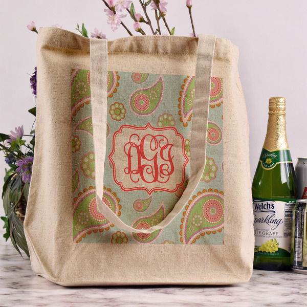 Blue Paisley Reusable Cotton Grocery Bag - In Context