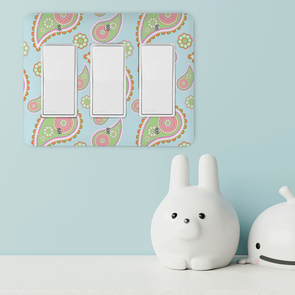 Blue Paisley Rocker Light Switch Covers - Triple - IN CONTEXT