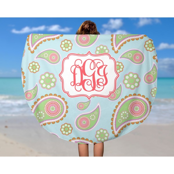 Blue Paisley Round Beach Towel - In Use