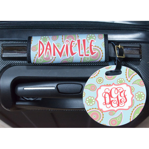 Blue Paisley Round Luggage Tag & Handle Wrap - In Context