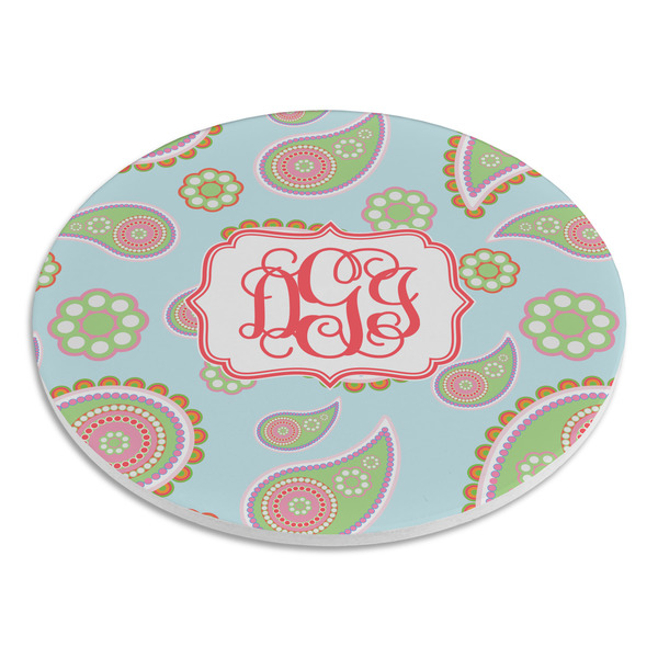 Blue Paisley Round Stone Trivet - Angle View