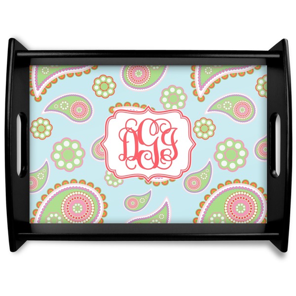 Custom Blue Paisley Black Wooden Tray - Large (Personalized)