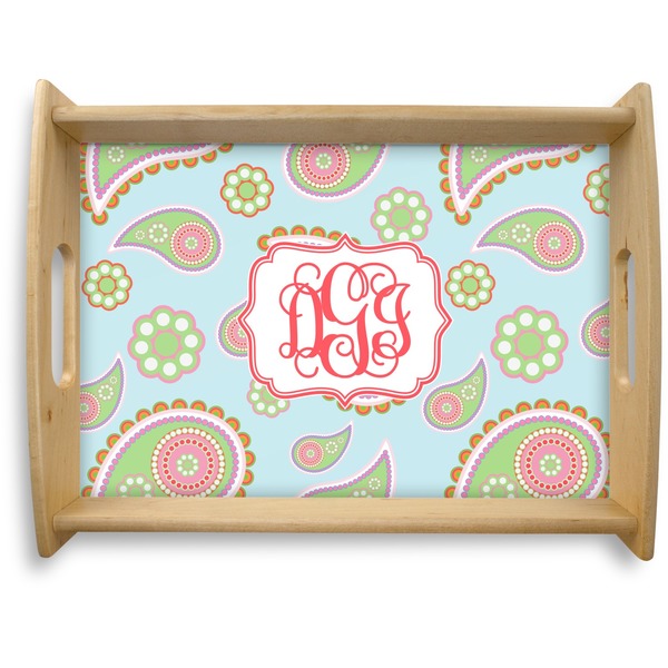 Custom Blue Paisley Natural Wooden Tray - Large (Personalized)