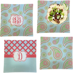 Blue Paisley Set of 4 Glass Square Lunch / Dinner Plate 9.5" (Personalized)