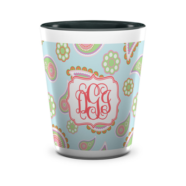 Custom Blue Paisley Ceramic Shot Glass - 1.5 oz - Two Tone - Set of 4 (Personalized)