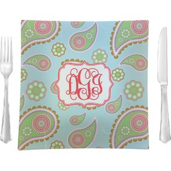 Blue Paisley 9.5" Glass Square Lunch / Dinner Plate- Single or Set of 4 (Personalized)