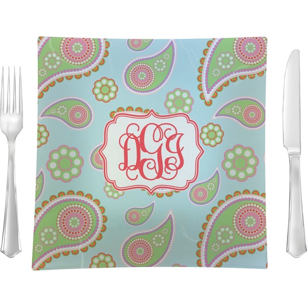 Custom Blue Paisley 9.5" Glass Square Lunch / Dinner Plate- Single or Set of 4 (Personalized)