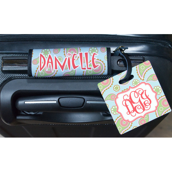 Blue Paisley Square Luggage Tag & Handle Wrap - In Context