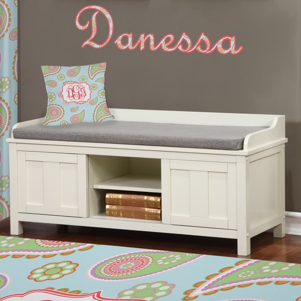 Blue Paisley Wall Name Decal Above Storage bench