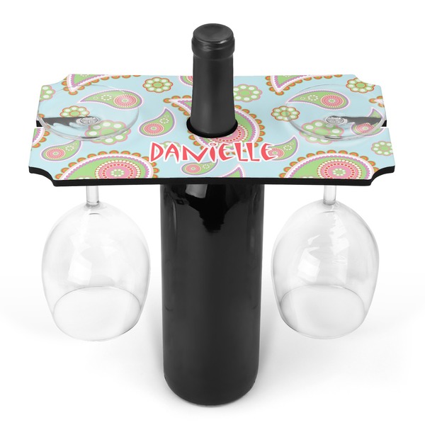 Custom Blue Paisley Wine Bottle & Glass Holder (Personalized)