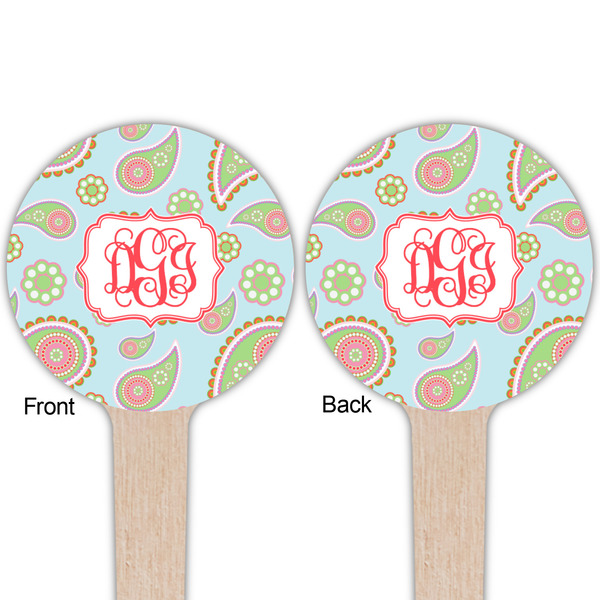 Blue Paisley Wooden 4" Food Pick - Round - Double Sided - Front & Back