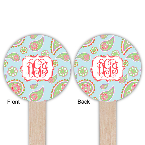 Blue Paisley Wooden 6" Food Pick - Round - Double Sided - Front & Back
