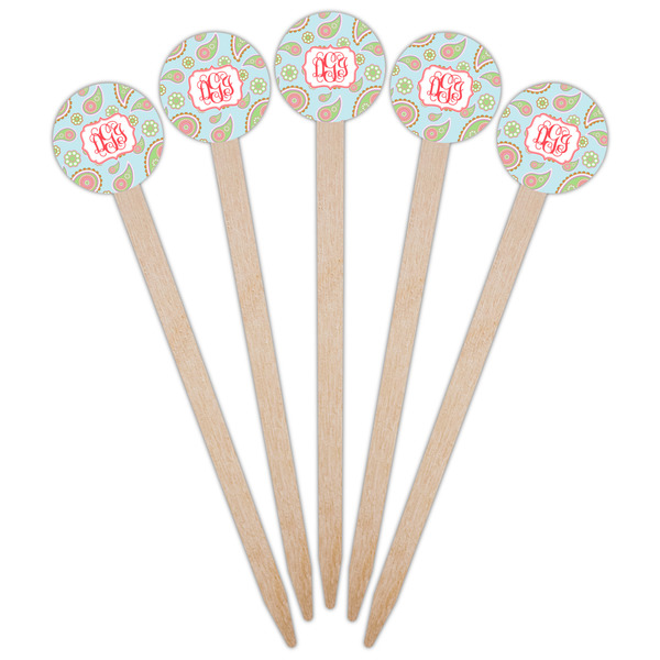 Blue Paisley Wooden 6" Food Pick - Round - Fan View