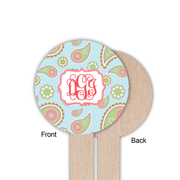 Blue Paisley Wooden 6" Food Pick - Round - Single Sided - Front & Back