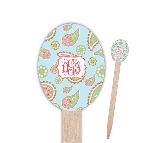 Custom Blue Paisley Oval Wooden Food Picks - Single Sided (Personalized)