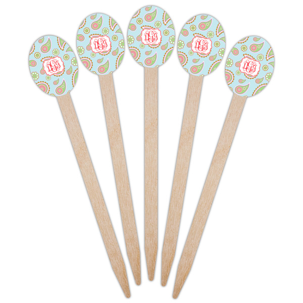 Blue Paisley Wooden Food Pick - Oval - Fan View