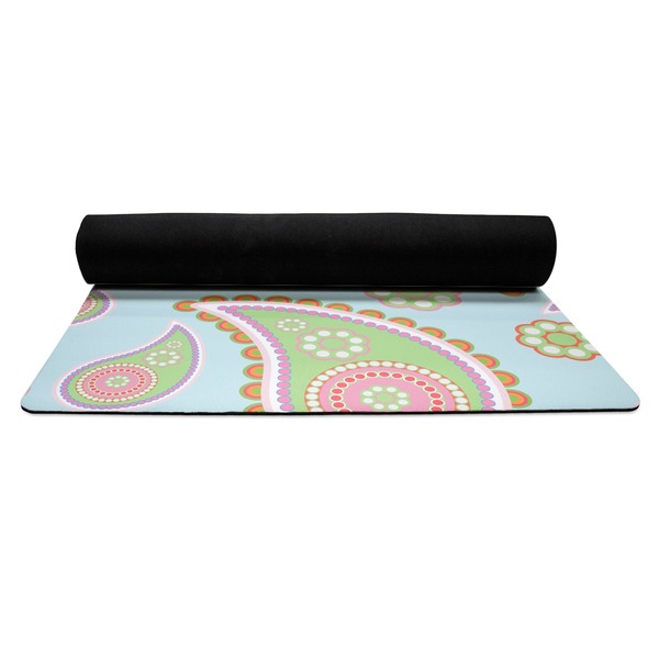Blue Paisley Yoga Mat Rolled up Black Rubber Backing