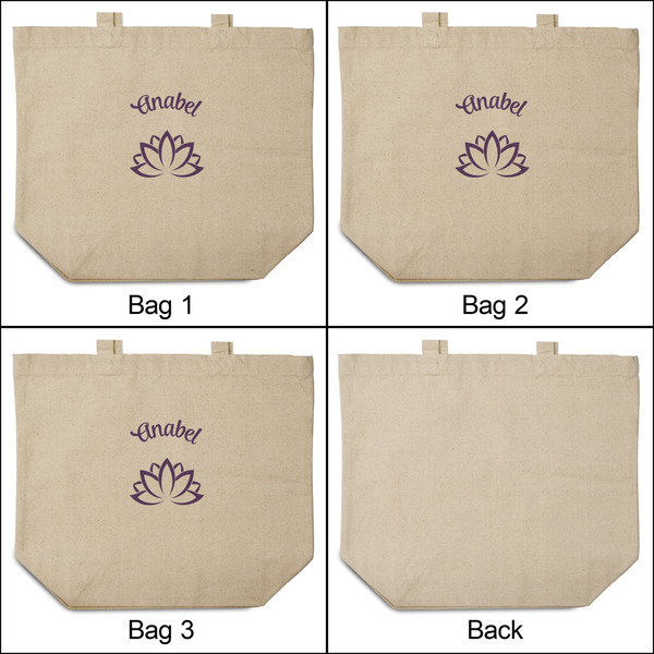 Lotus Flower 3 Reusable Cotton Grocery Bags - Front & Back View