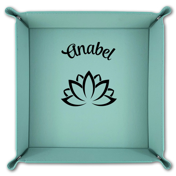 Lotus Flower 9" x 9" Teal Leatherette Snap Up Tray - FOLDED