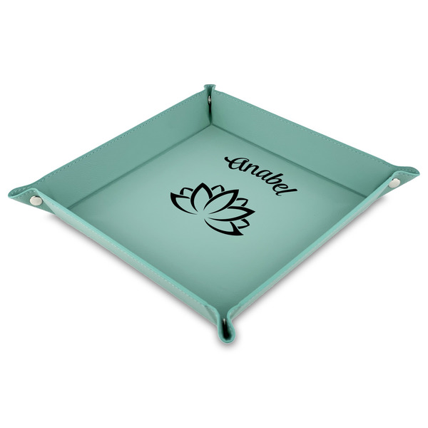 Custom Lotus Flower 9" x 9" Teal Faux Leather Valet Tray (Personalized)
