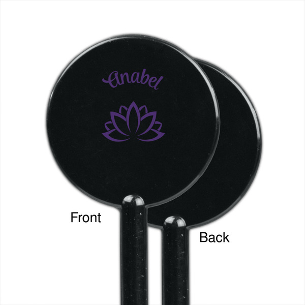 Lotus Flower Black Plastic 5.5" Stir Stick - Single Sided - Round - Front & Back