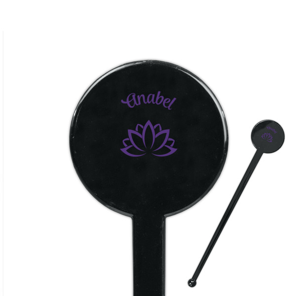 Custom Lotus Flower 7" Round Plastic Stir Sticks - Black - Single Sided (Personalized)