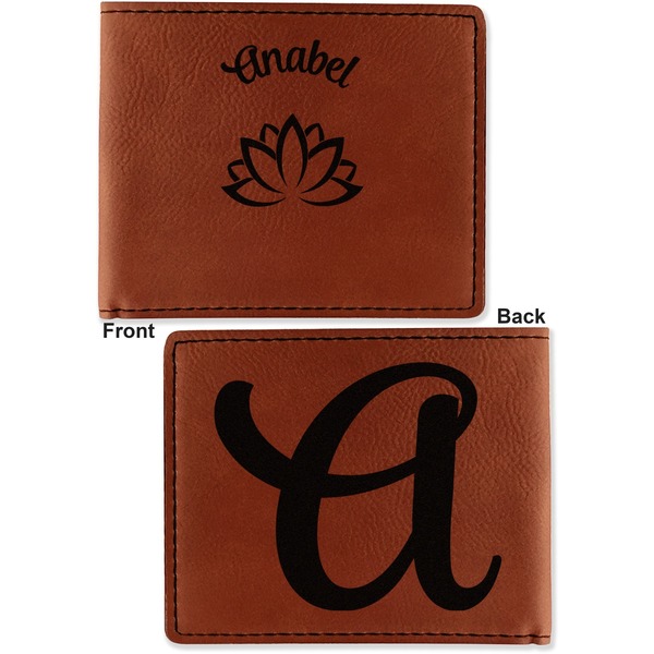 Lotus Flower Cognac Leatherette Bifold Wallets - Front and Back