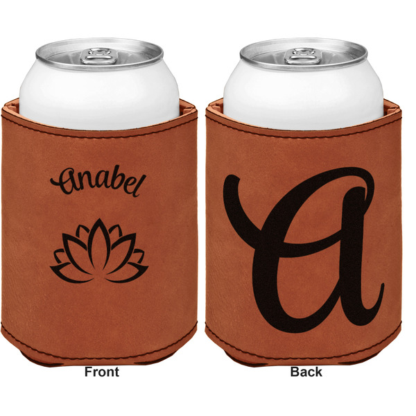 Lotus Flower Cognac Leatherette Can Sleeve - Double Sided Front and Back