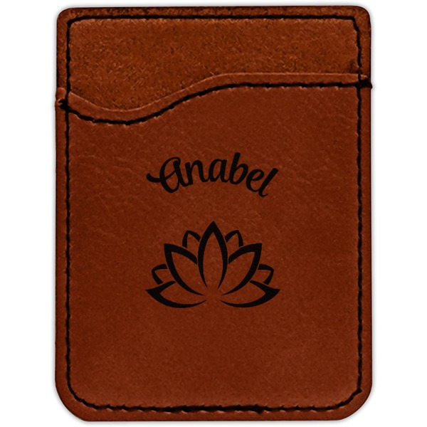 Lotus Flower Cognac Leatherette Phone Wallet close up