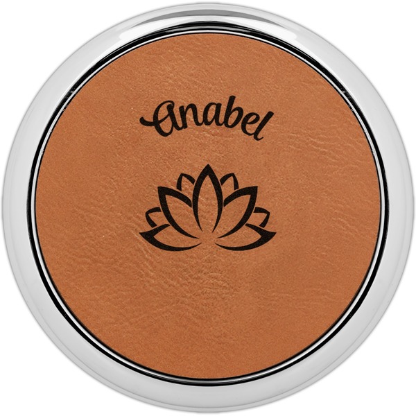 Custom Lotus Flower Leatherette Round Coaster w/ Silver Edge (Personalized)