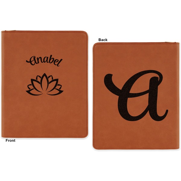 Lotus Flower Cognac Leatherette Zipper Portfolios with Notepad - Double Sided - Apvl