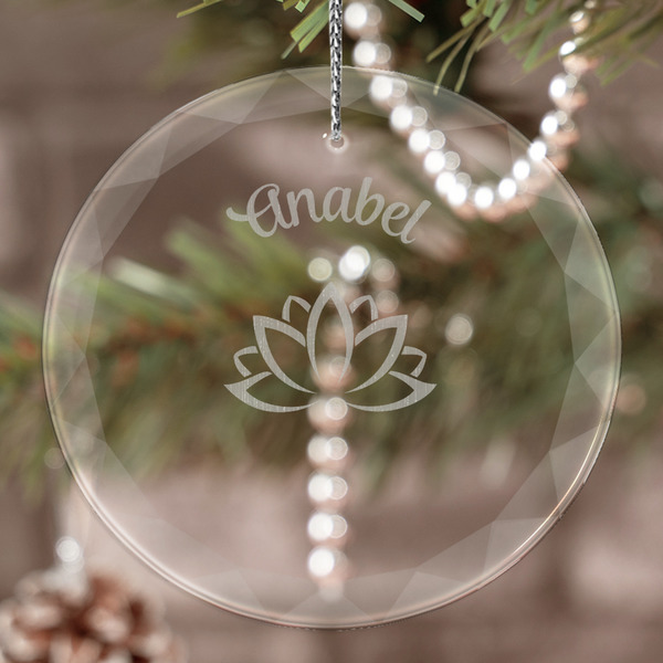 Custom Lotus Flower Engraved Glass Ornament (Personalized)