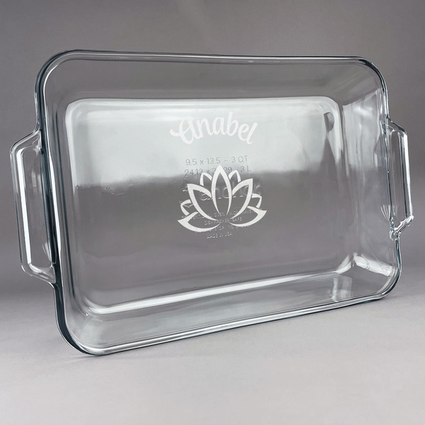 Custom Lotus Flower Glass Baking Dish with Truefit Lid - 13in x 9in (Personalized)