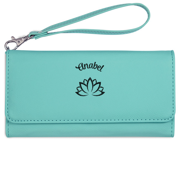Lotus Flower Ladies Wallet - Leather - Teal - Front View