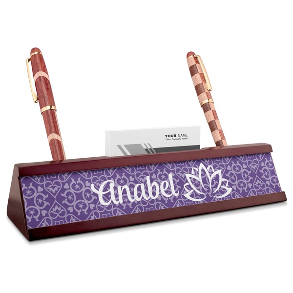 Custom Lotus Flower Red Mahogany Nameplate with Business Card Holder (Personalized)