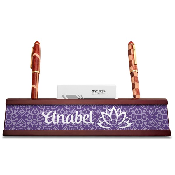 Lotus Flower Red Mahogany Nameplates with Business Card Holder - Straight