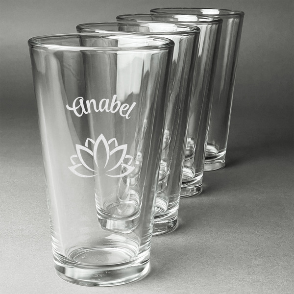 Custom Lotus Flower Pint Glasses - Engraved (Set of 4) (Personalized)