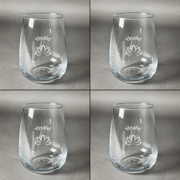 Lotus Flower Set of Four Personalized Stemless Wineglasses (Approval)